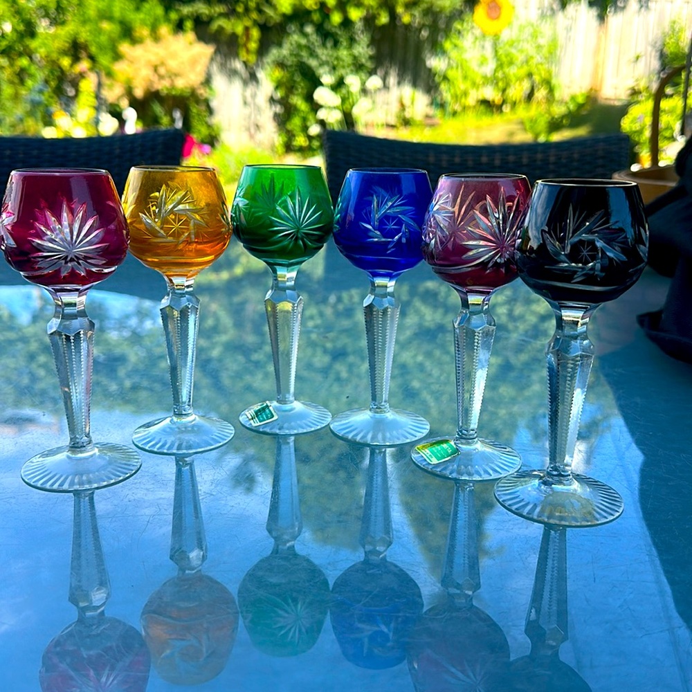 Vintage Lausitzer Bohemian Multi-Colored Set of 6 Crystal Cut Cordial glasses
